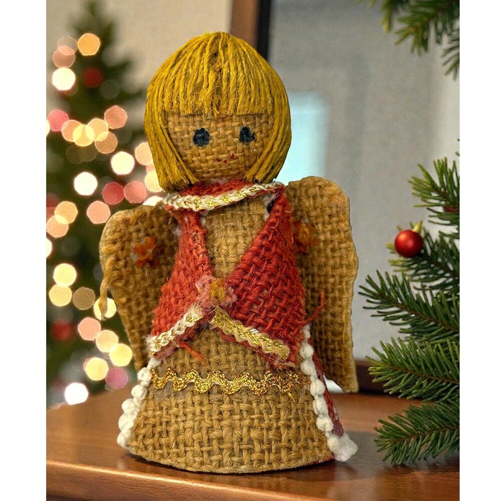 Vintage Handmade Ornament Burlap Jute Angel Mini Tree Topper or Ornament